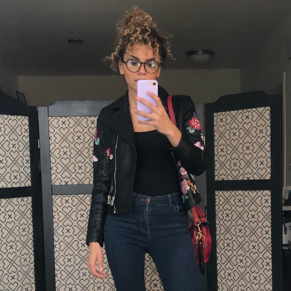 Embroidered faux leather jacket cropped fit
